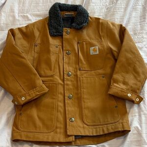 Boys Carhartt Tan Flannel Lined Jacket with Gray Sherpa Collar